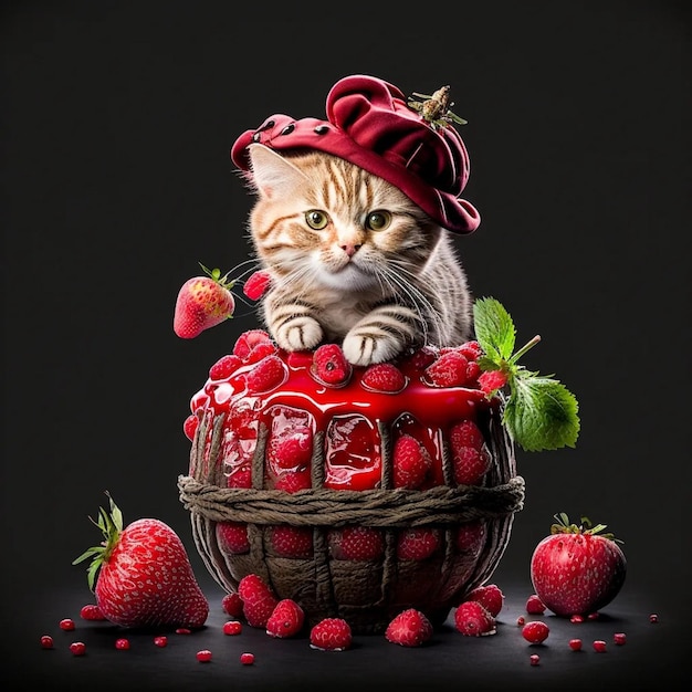 Un chat est assis dans un panier avec des fraises dessus.