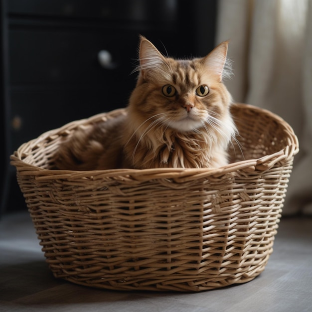 Un chat est assis dans un panier en osier sur le sol.