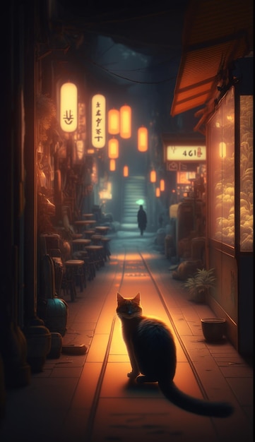 Un chat est assis dans une rue d'une ville japonaise.