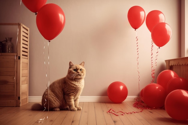 Le chat est assis dans un salon confortable avec des ballons rouges