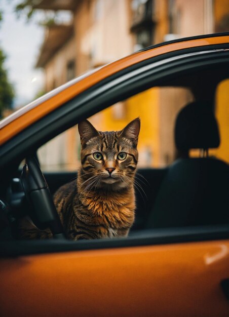 Photo un chat est assis dans une voiture avec la fenêtre ouverte