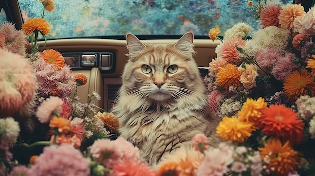 Un chat est assis dans une voiture avec des fleurs à l'arrière.