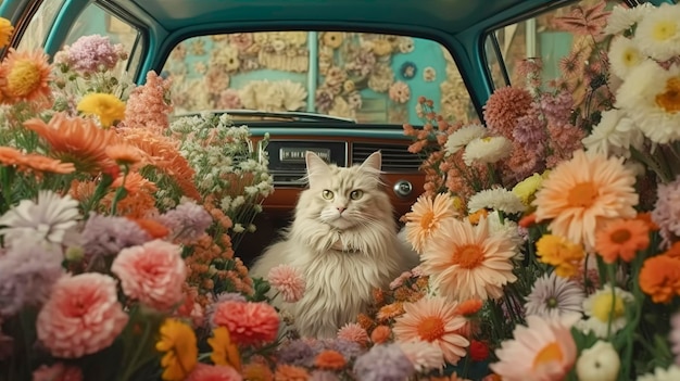 Un chat est assis dans une voiture pleine de fleurs.