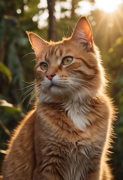 un chat est assis devant un arbre avec le soleil qui brille derrière lui