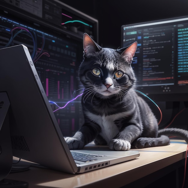 Un chat est assis devant un ordinateur portable avec le mot "web" sur l'écran.