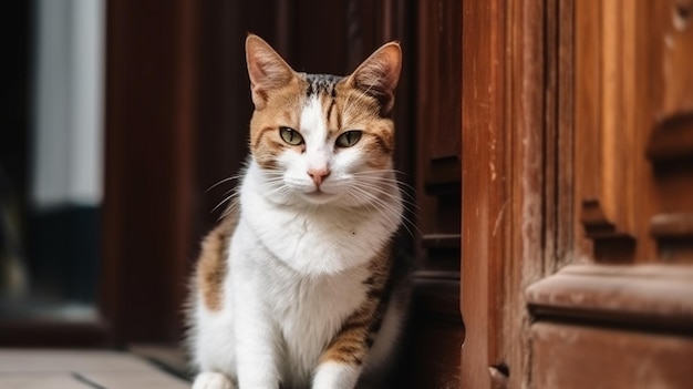 Un chat est assis devant une porte