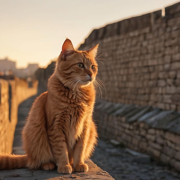 un chat est assis sur un mur de pierre le soir