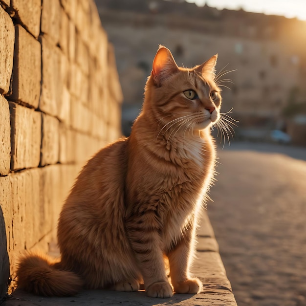 un chat est assis sur un mur avec le soleil qui brille derrière lui