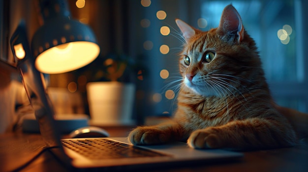 Photo un chat est assis sur un ordinateur portable avec une souris à côté