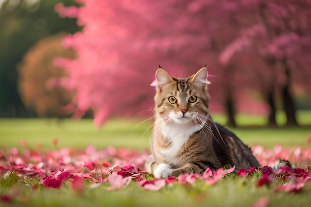 Un chat est assis sur un parterre de fleurs devant un arbre rose.