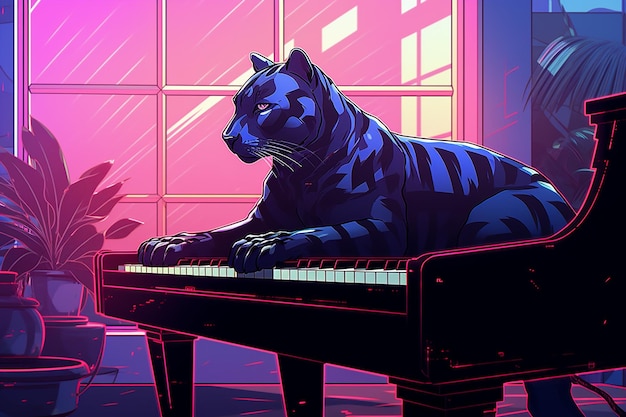 un chat est assis sur un piano avec un chat sur le clavier.