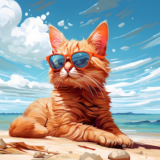 Le chat est assis sur la plage avec ses lunettes de soleil.