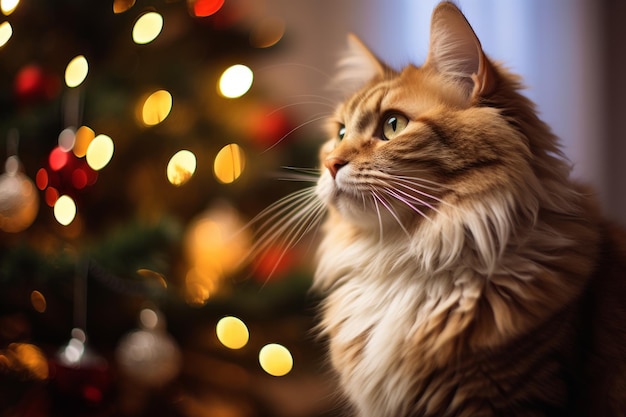 Le chat est assis près de l'arbre de Noël en gros plan avec espace de copie