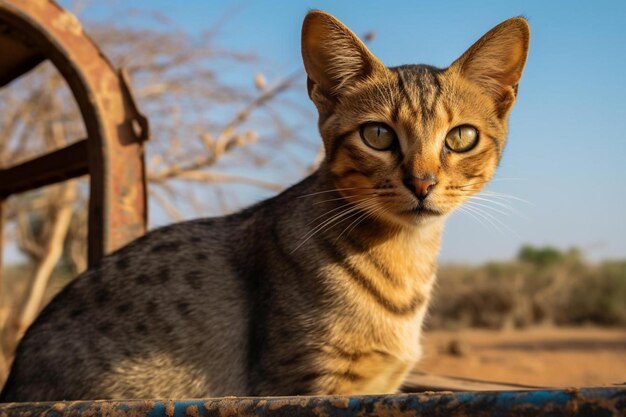 Photo un chat est assis sur un rebord avec un ciel bleu en arrière-plan