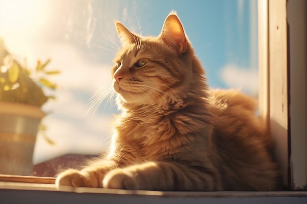 Un chat est assis sur un rebord de fenêtre devant un ciel bleu.