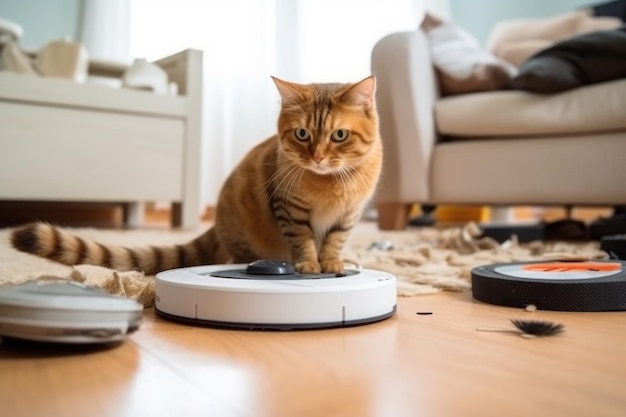 Un chat est assis sur un robot aspirateur qui nettoie les déchets sur le sol du salon. IA générative