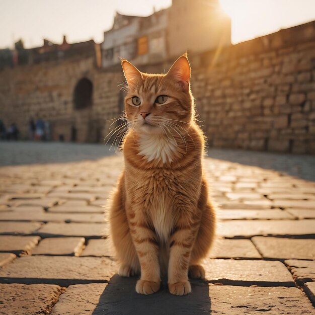 un chat est assis sur une rue pavée devant un mur