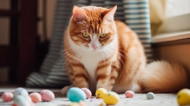 Un chat est assis sur le sol entouré d'œufs de Pâques