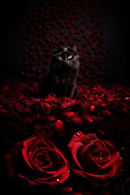 Photo un chat est assis sur le sol avec des roses rouges