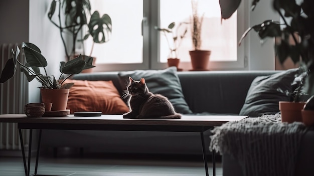 Un chat est assis sur une table basse devant une fenêtre avec une plante dessus.