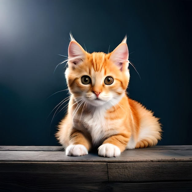 Un chat est assis sur une table en bois avec un fond sombre.