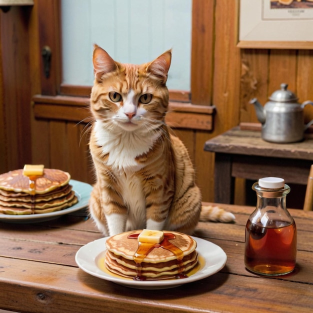 un chat est assis sur une table avec des crêpes et du sirop