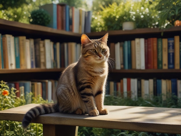 un chat est assis sur une table devant une étagère à livres