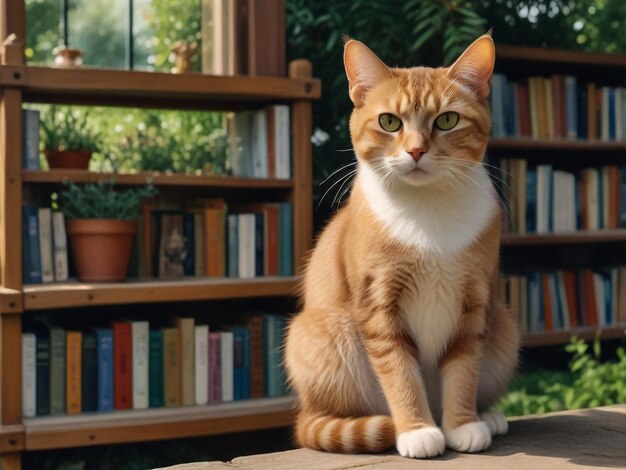 un chat est assis sur une table avec des étagères à l'arrière-plan