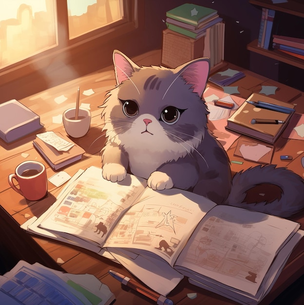 un chat est assis sur une table avec un livre intitulé un chat.