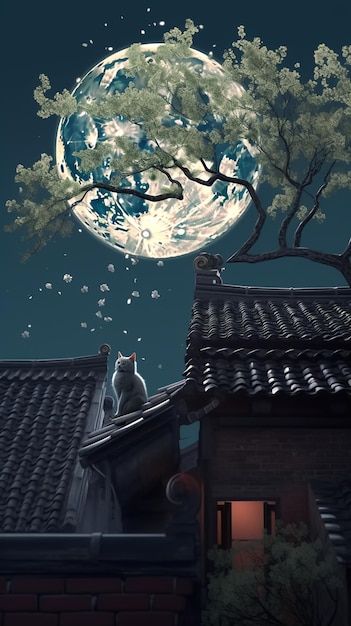 Un chat est assis sur un toit en regardant la lune.