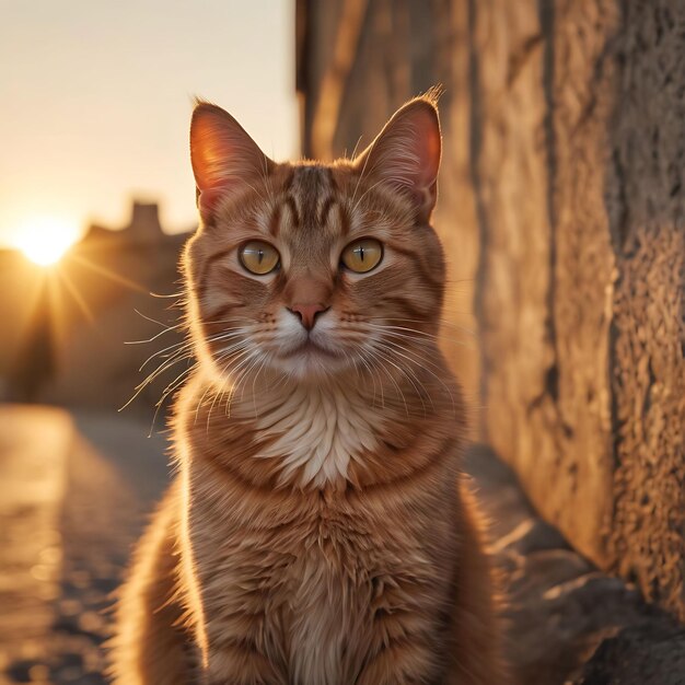 un chat est assis sur un trottoir devant un mur