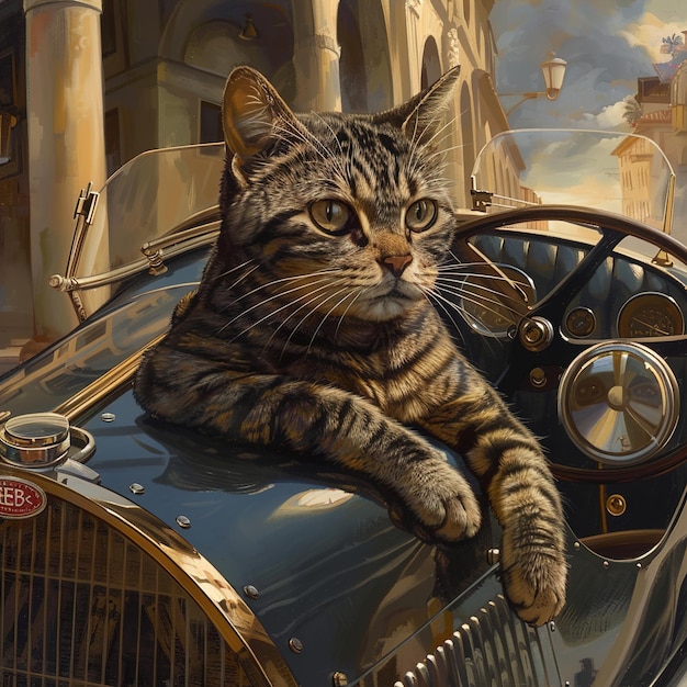 un chat est assis sur une voiture qui dit w c