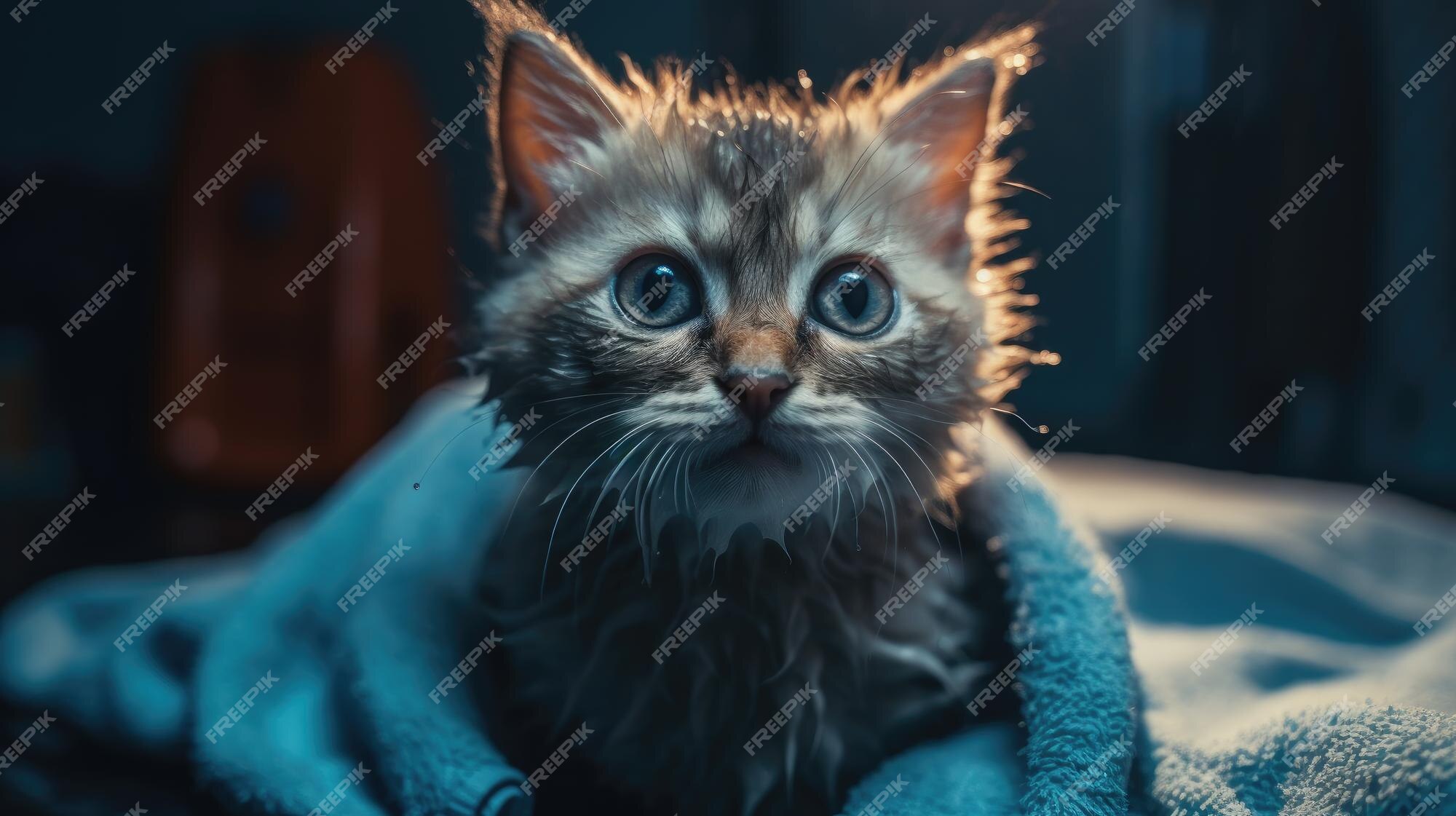 bébé chat regardant la caméra, il y a une couverture pour se