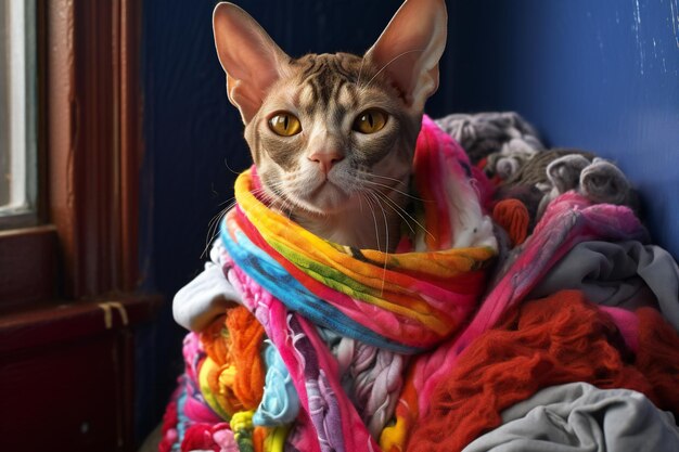 Le chat est enveloppé dans un foulard coloré Le chat regarde la caméra