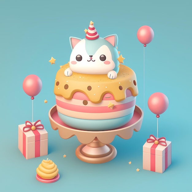 Un chat est sur un gâteau avec un chapeau de fête.