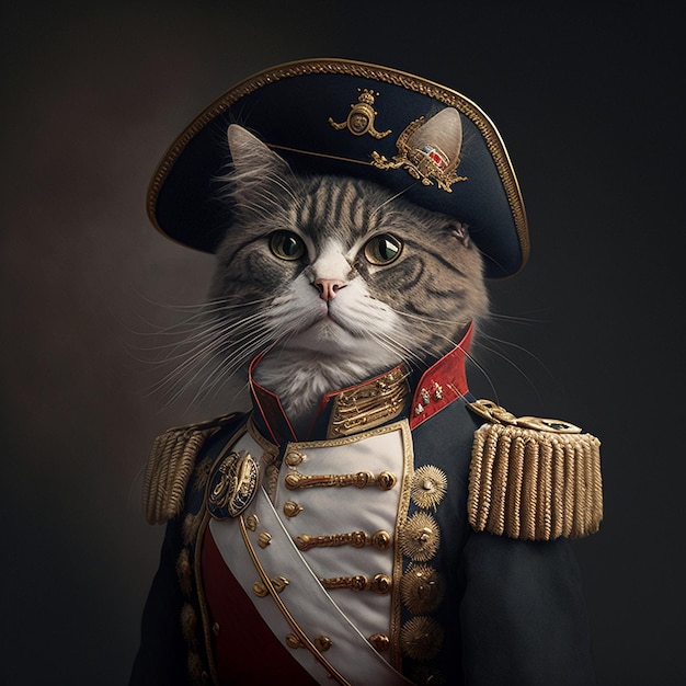 Un chat est habillé comme un uniforme militaire.