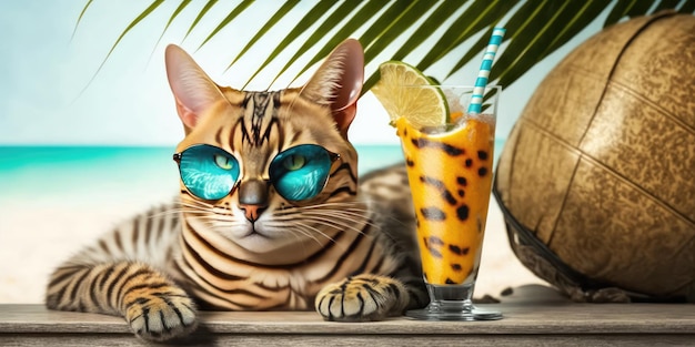 Photo le chat est en vacances d'été dans une station balnéaire et se repose sur la plage d'été d'hawaï