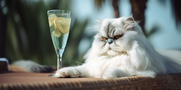 Le chat est en vacances d'été dans une station balnéaire et se repose sur la plage d'été d'Hawaï