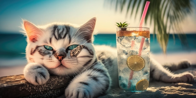 Le chat est en vacances d'été dans une station balnéaire et se repose sur la plage d'été d'Hawaï