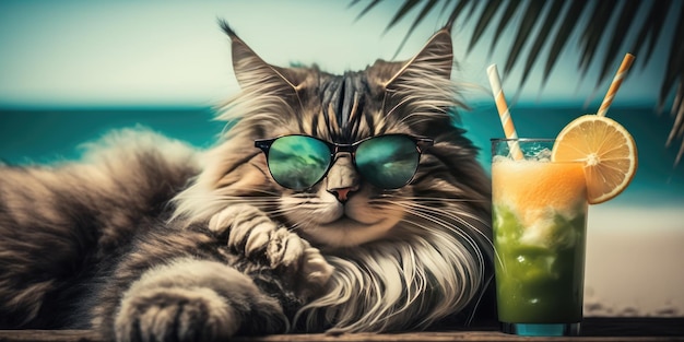 Le chat est en vacances d'été dans une station balnéaire et se repose sur la plage d'été d'Hawaï