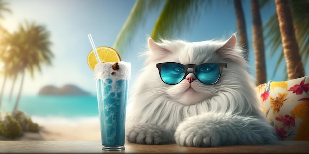 Le chat est en vacances d'été dans une station balnéaire et se repose sur la plage d'été d'Hawaï