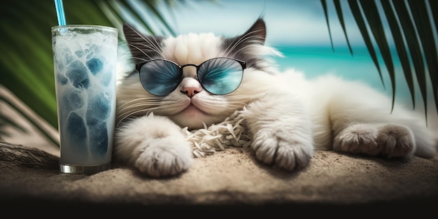 Le chat est en vacances d'été dans une station balnéaire et se repose sur la plage d'été d'Hawaï