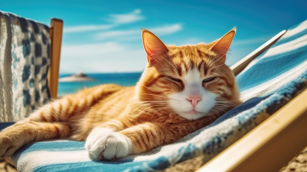 Le chat est en vacances en mer pour se reposer et profiter de la vie Allongé sur une chaise longue et bronzer pensif généré AI