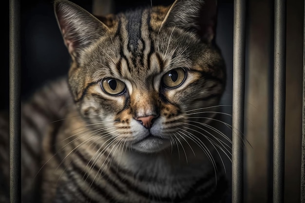 Chat a été laissé dans une cage Adoption d'animaux Le refuge pour animaux avait un chat tigré