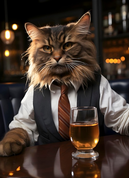 Un chat excentrique savoure une boisson rafraîchissante au bar