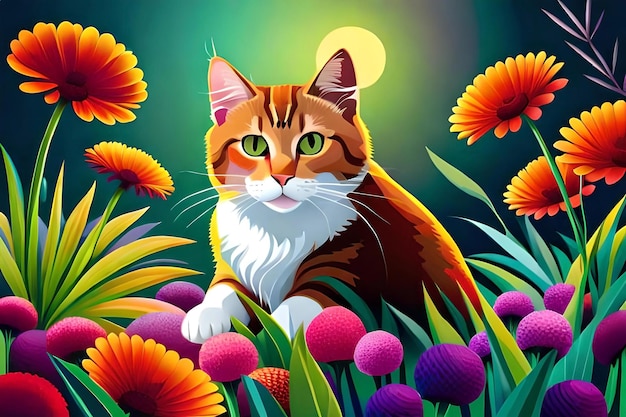 Photo un chat explorant un jardin coloré vous permettant d'apporter une atmosphère vivante et dynamique à vos dessins