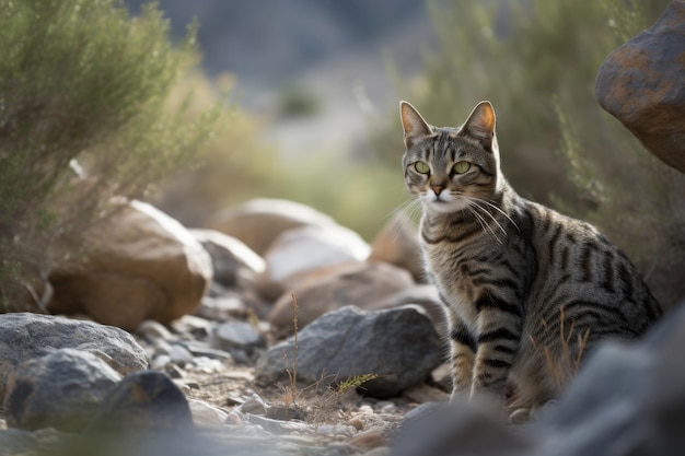 Un chat explore les rochers.