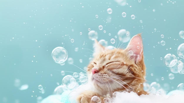 Photo le chat fait un bain avec des bulles de savon copier l'espace