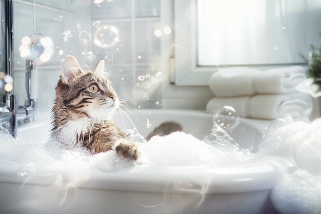 Le chat fait un bain avec des bulles de savon Copier l'espace