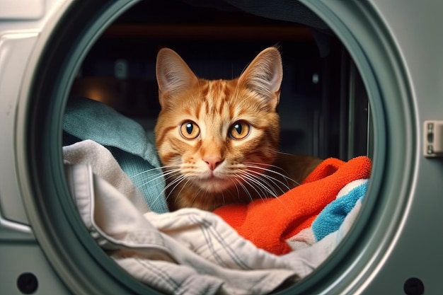 Un chat félin détective nommé Whiskers Paws enquête sur un cas de disparition des chaussettes dans la buanderie illustration ai générative